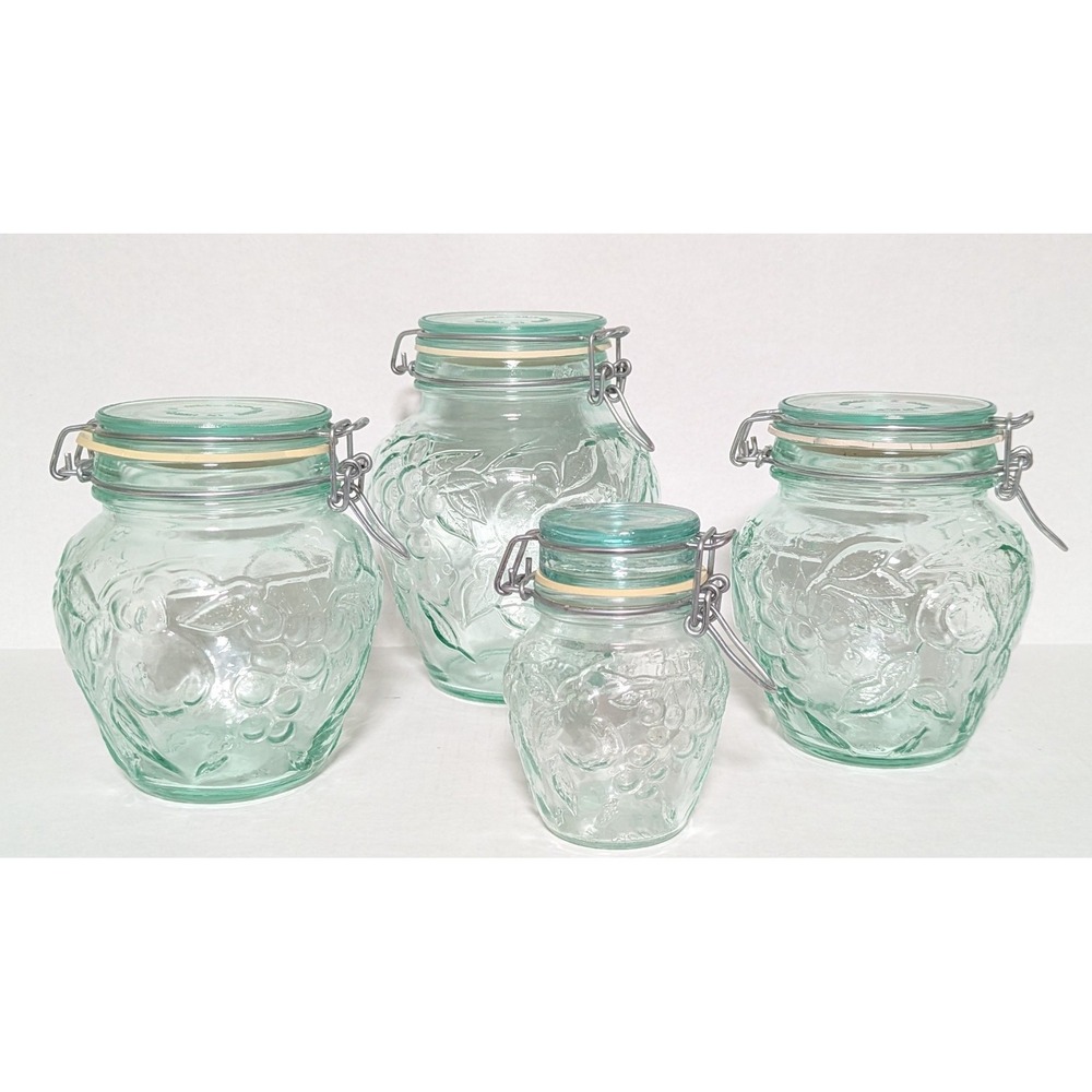 Vtg Fidenza Vetraria Italy Glass Canisters Fruit Embossed Wire Bale Clamps 4 Pc